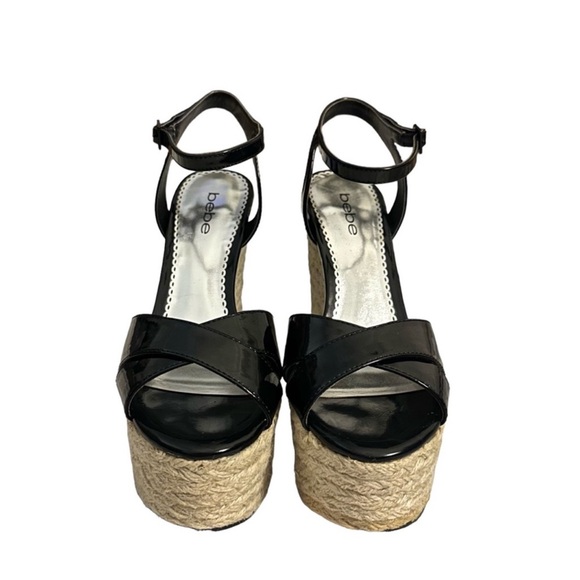 Bebe Black Patent Karissa Espadrille Wedge Platform Sandals Size 9.5 - Picture 2 of 11